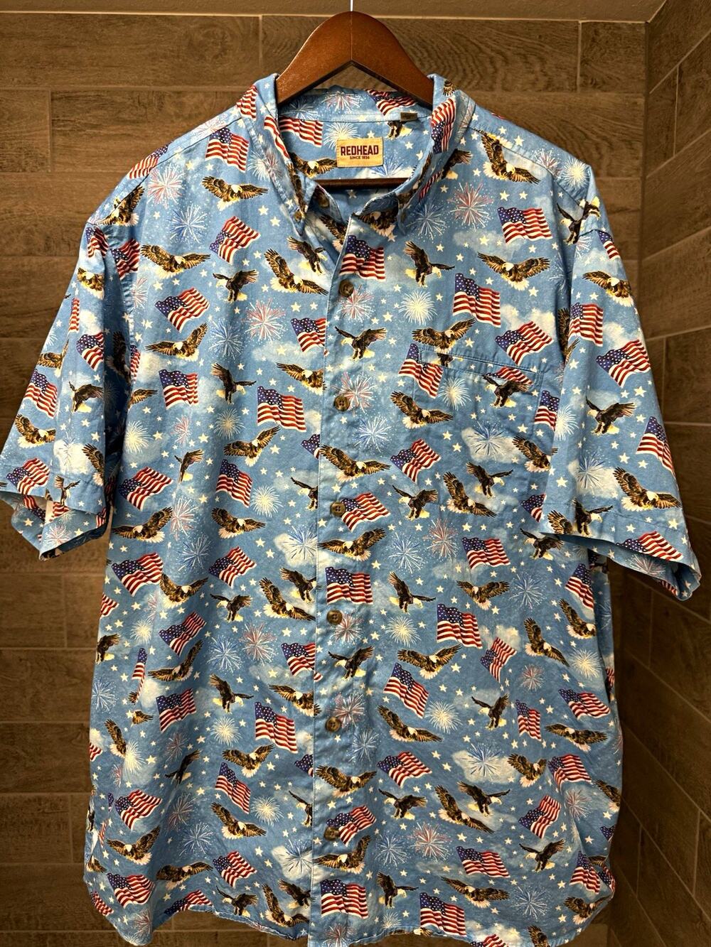 RedHead Men’s 2XL Blue Button-Up Shirt USA Flag Bald Eagle Print Short Sleeve